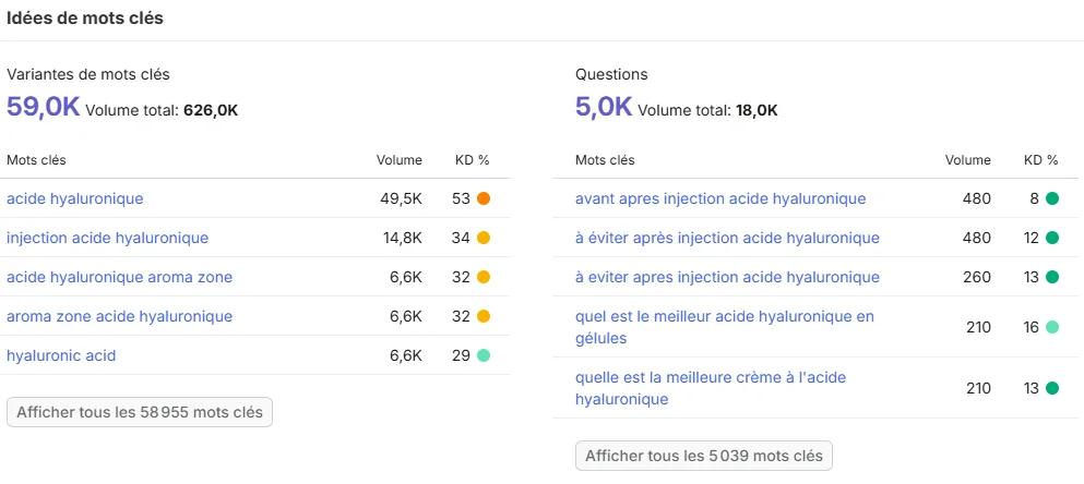 Analyse des variantes de mots-clés et questions posées